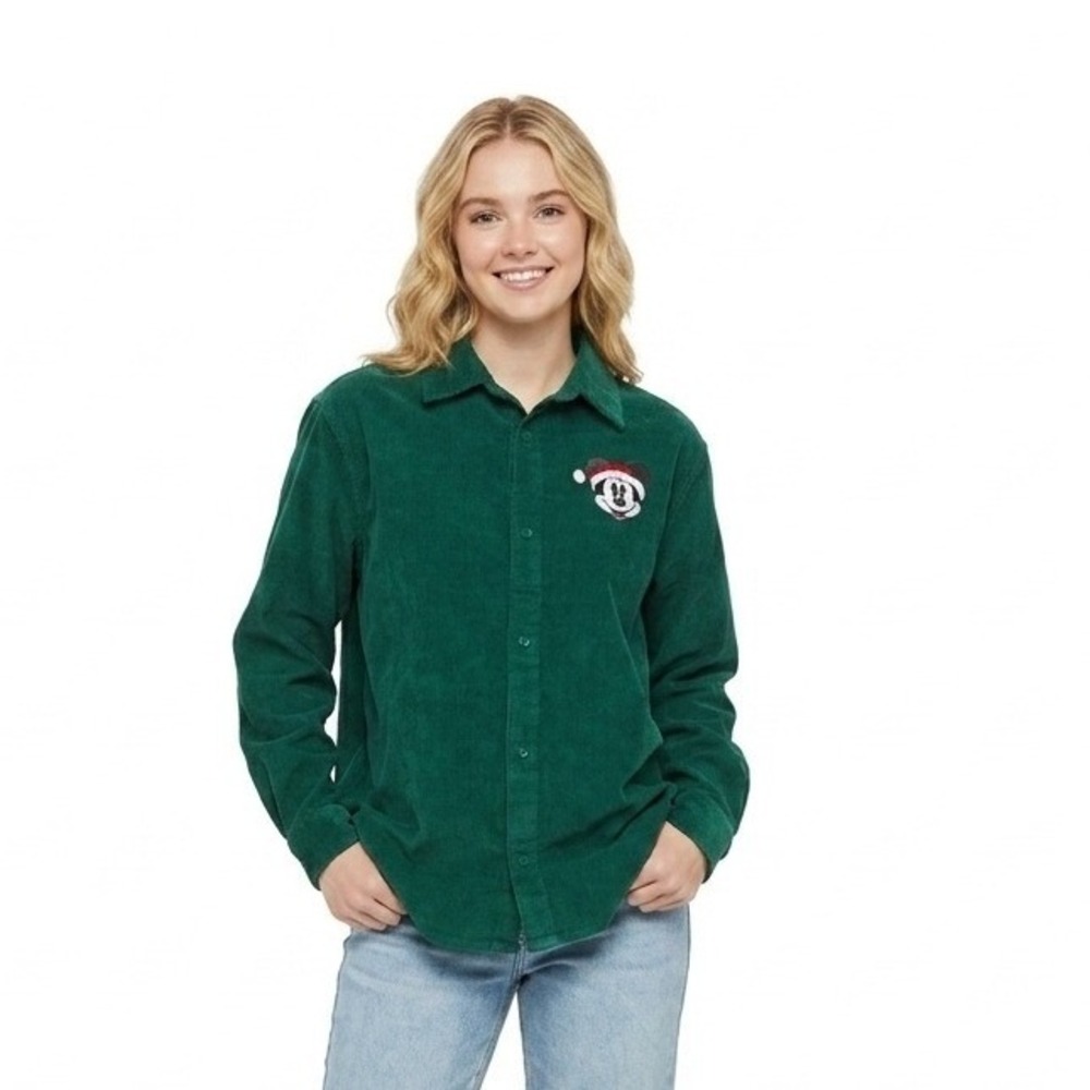 Disney Mickey Mouse Women Large Christmas Corduroy Green Long Sleeve Shirt